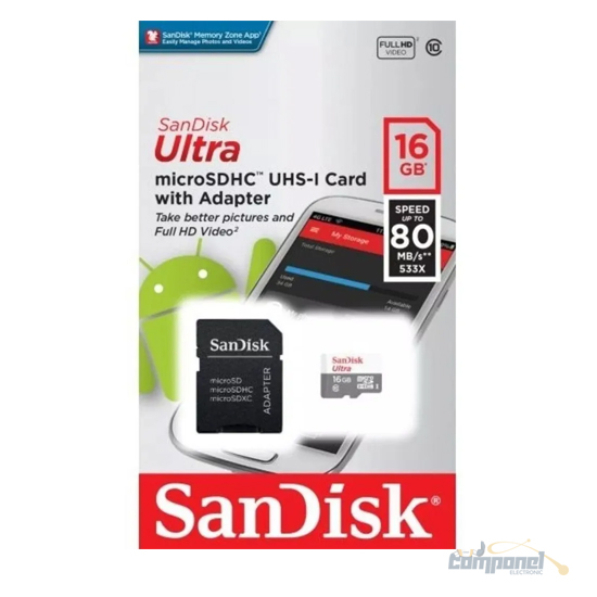 Cartão de Memória Micro SD Sandisk 16GB + Adaptador